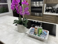 a purple orchid sits on top of a kitchen counter